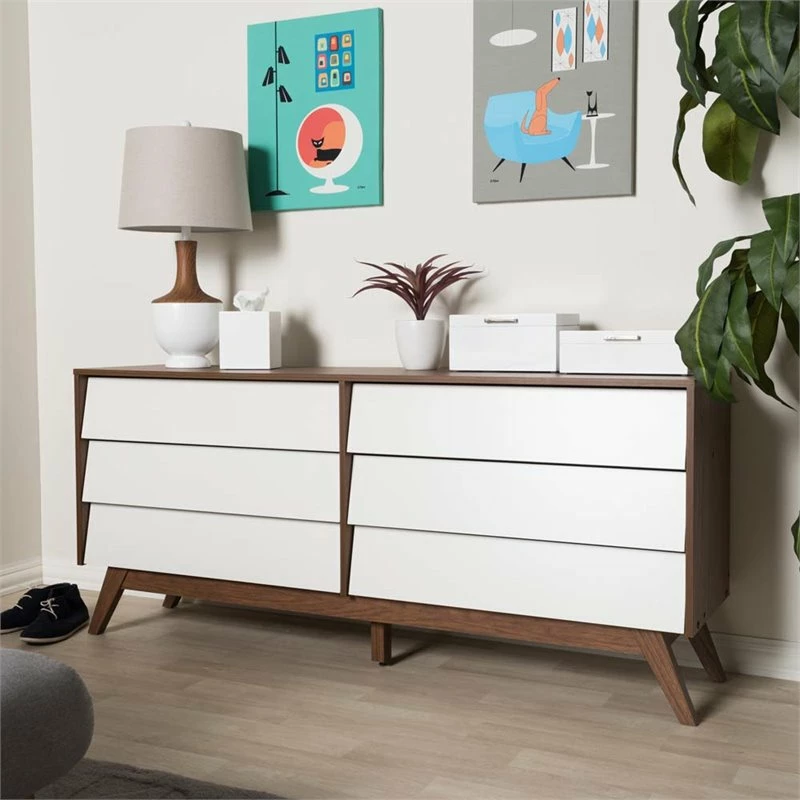 New 🤩 Baxton Studio Hildon 6 Drawer Double 👗 Dresser In White And Walnut Brown 😀 - Image 2