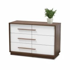 Outlet 🌟 Levan Home Mette Mid-Century 6-Drawer Wood 👗 Dresser In White And Walnut ✔️