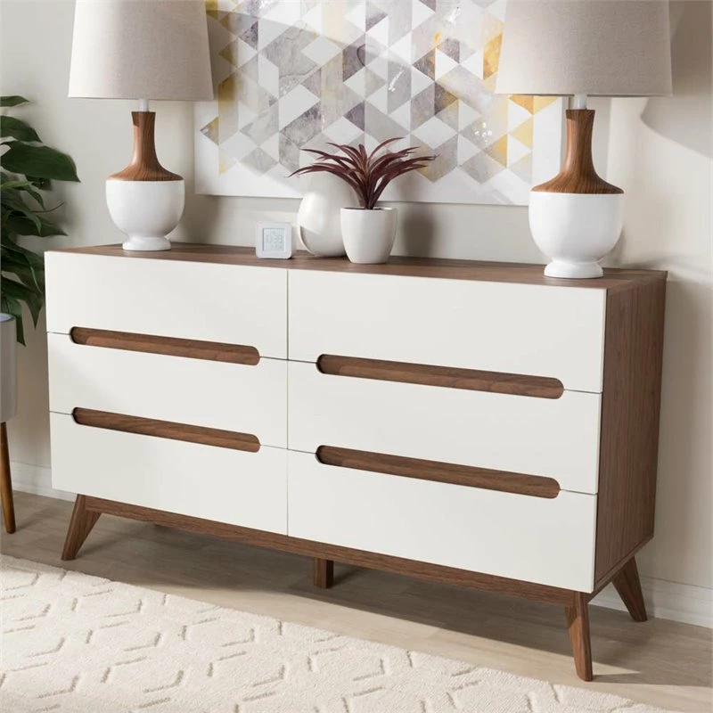 Hot Sale ๐คฉ Levan Home Modern 6 Drawer Double ๐ Dresser In White And Walnut ๐งจ - Image 3