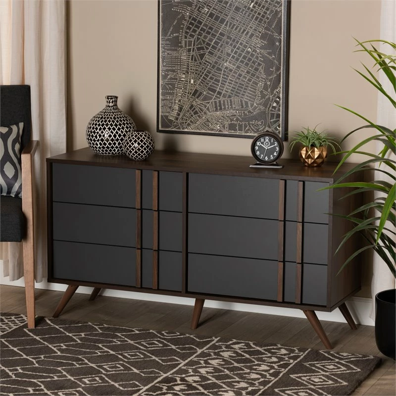 Outlet ๐ฅฐ Bowery Hill Gray And Walnut Finished Wood 6-Drawer Bedroom ๐ Dresser ๐ - Image 7