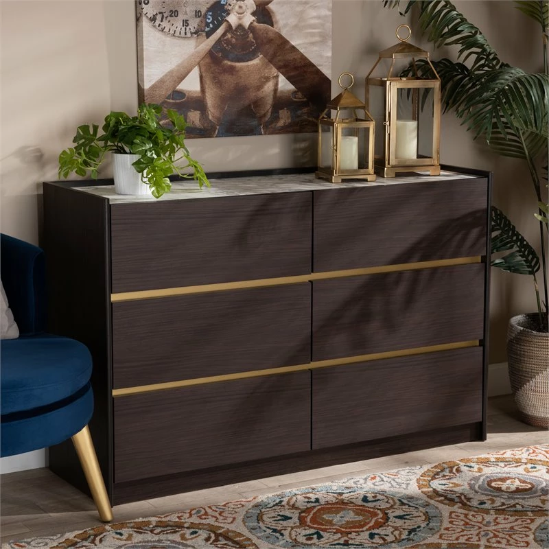 Buy ❤️ Bowery Hill Modern Dark Brown And Gold Finished Wood 6-Drawer 👗 Dresser ⭐ - Image 8
