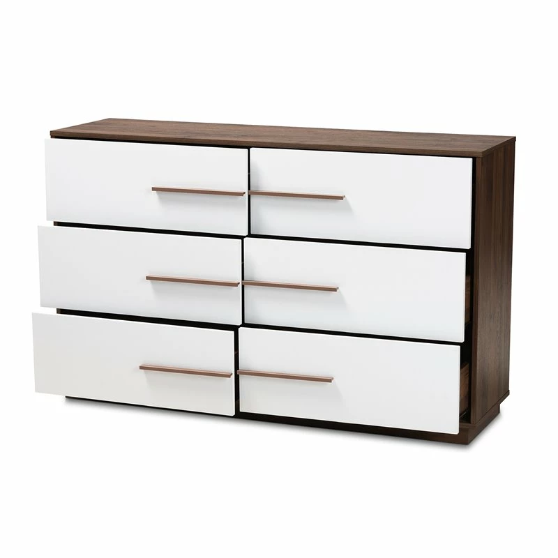 Coupon ✔️ Bowery Hill Mid-Century 6-Drawer Wood 👗 Dresser In White And Walnut 🎉 - Image 2