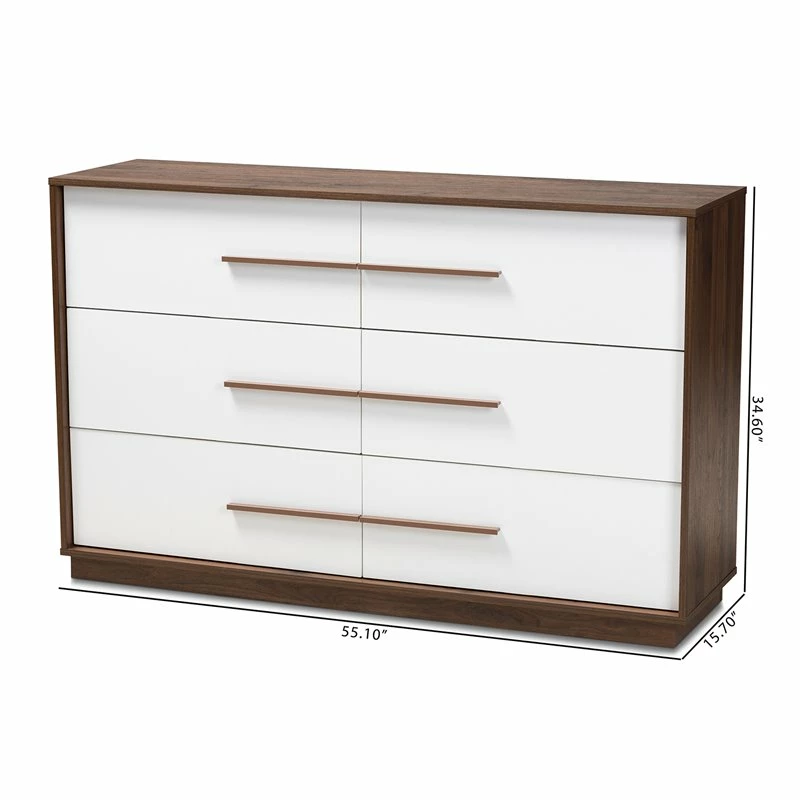 Coupon ✔️ Bowery Hill Mid-Century 6-Drawer Wood 👗 Dresser In White And Walnut 🎉 - Image 8
