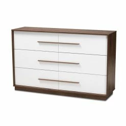 Coupon ✔️ Bowery Hill Mid-Century 6-Drawer Wood 👗 Dresser In White And Walnut 🎉