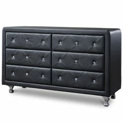 Deals 🎉 Bowery Hill Mid-Century 6 Drawer Faux Leather Double 👗 Dresser In Black 💯