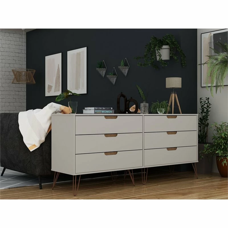 Discount 👍 Manhattan Comfort Rockefeller Wood Double Low 6-Drawer 👗 Dresser In Off White & Nature 😉 - Image 2