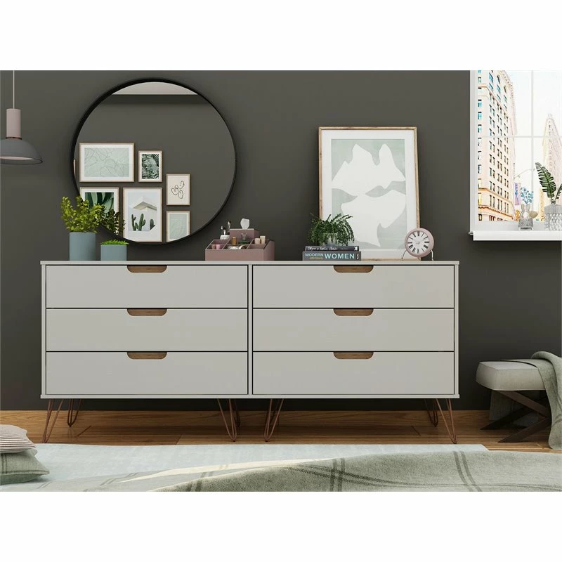 Discount 👍 Manhattan Comfort Rockefeller Wood Double Low 6-Drawer 👗 Dresser In Off White & Nature 😉 - Image 6