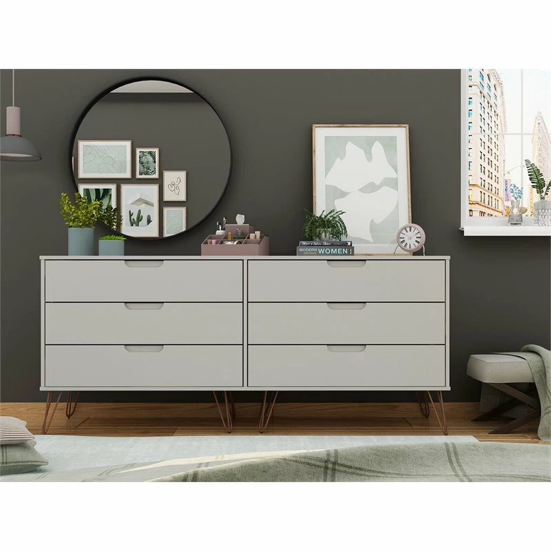 Discount 👍 Manhattan Comfort Rockefeller Wood Double Low 6-Drawer 👗 Dresser In Off White ❤️ - Image 5