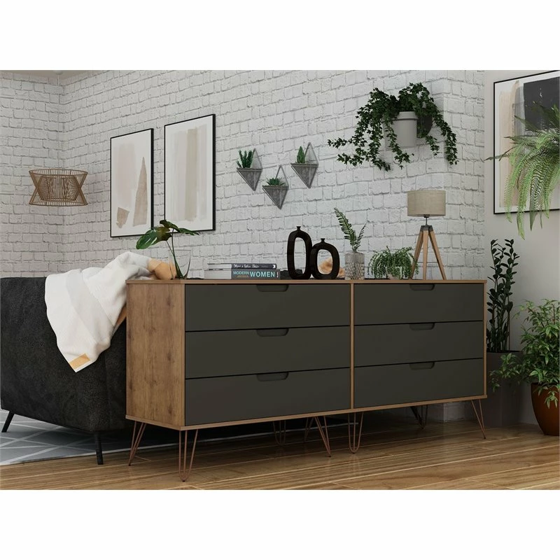 Hot Sale 🌟 Manhattan Comfort Rockefeller Wood Double Low 6-Drawer 👗 Dresser In Nature & Textured Gray 🔔 - Image 2