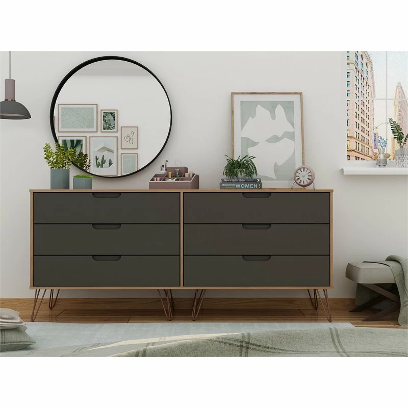Hot Sale 🌟 Manhattan Comfort Rockefeller Wood Double Low 6-Drawer 👗 Dresser In Nature & Textured Gray 🔔 - Image 6