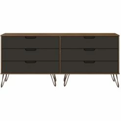 Hot Sale 🌟 Manhattan Comfort Rockefeller Wood Double Low 6-Drawer 👗 Dresser In Nature & Textured Gray 🔔