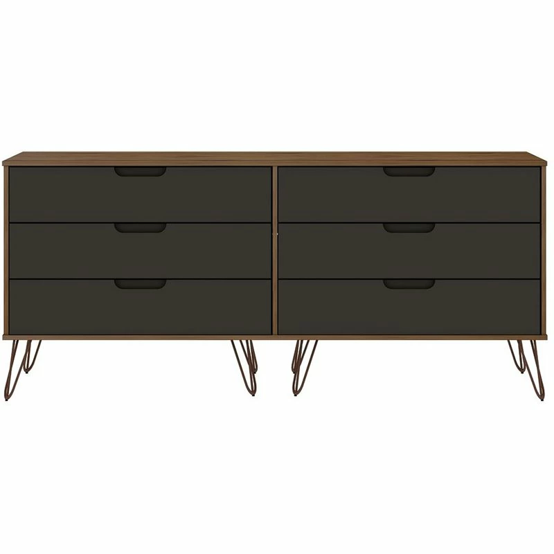 Hot Sale 🌟 Manhattan Comfort Rockefeller Wood Double Low 6-Drawer 👗 Dresser In Nature & Textured Gray 🔔