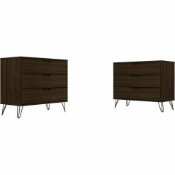 Hot Sale ๐คฉ Manhattan Comfort Rockefeller Wood 2 Pc. Mid Century Modern 3 Drawer ๐ Dresser Set Brown ๐ฅ