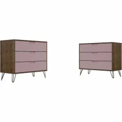 Promo 😍 Manhattan Comfort Rockefeller Wood 2 Pc. 3 Drawer 👗 Dresser Set In Nature & Rose Pink 🛒