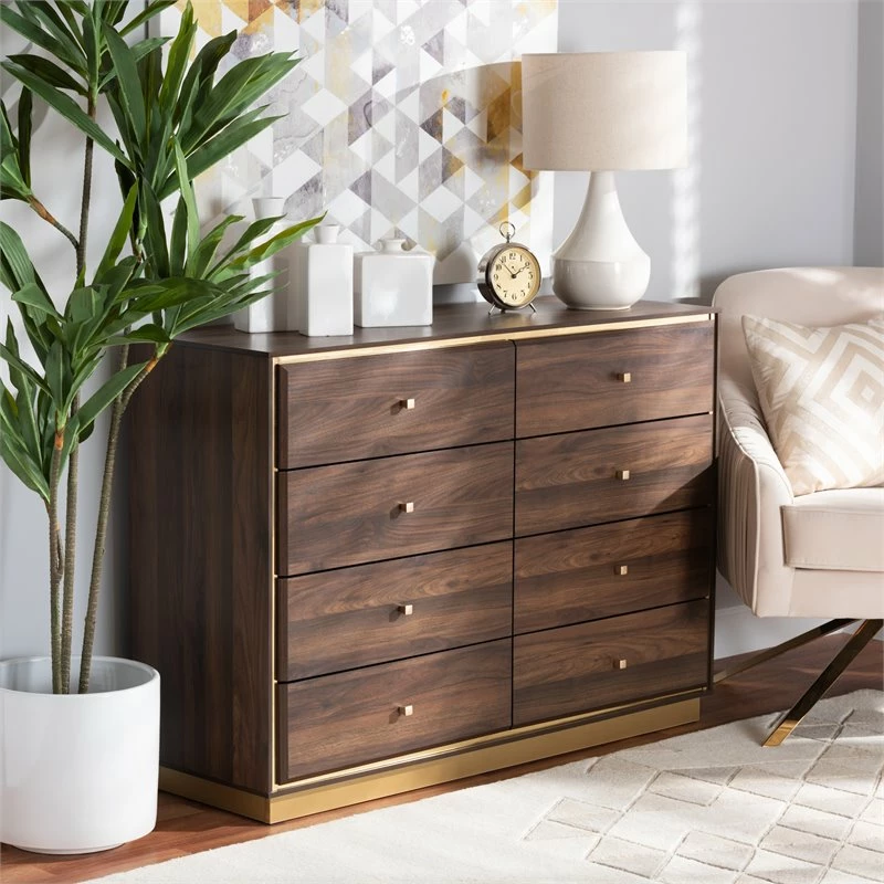 Outlet ๐งจ Baxton Studio Cormac Walnut Brown Finished Wood And Gold Metal 8-Drawer ๐ Dresser ๐ - Image 12