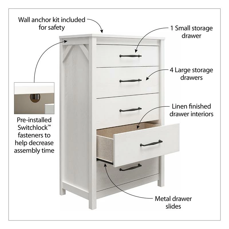 Discount 🤩 Ameriwood Home Augusta 5 Drawer Tall 👗 Dresser With Easy Assembly In Ivory Oak 🎁 - Image 11