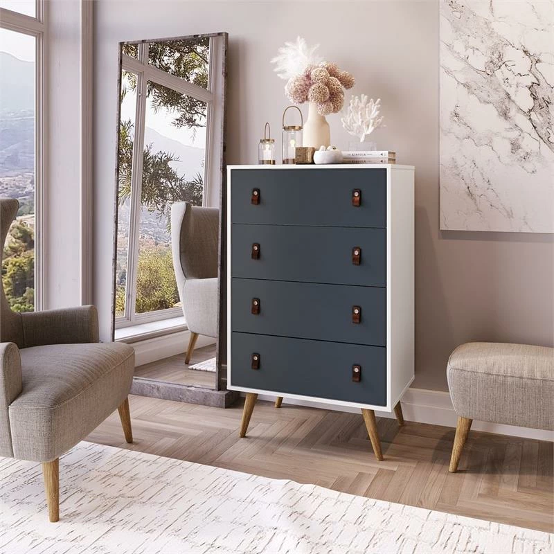 Outlet ❤️ Manhattan Comfort Amber Tall 👗 Dresser With Faux Leather Handles In White And Blue 🌟 - Image 2