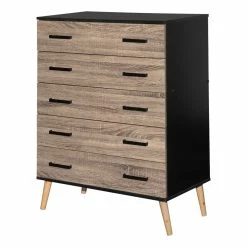 Cheapest 🎉 Better Home Products Eli Mid-Century Modern 5 Drawer Chest In Black & Sonoma Oak 🔔