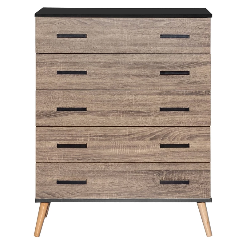 Cheapest 🎉 Better Home Products Eli Mid-Century Modern 5 Drawer Chest In Black & Sonoma Oak 🔔 - Image 2