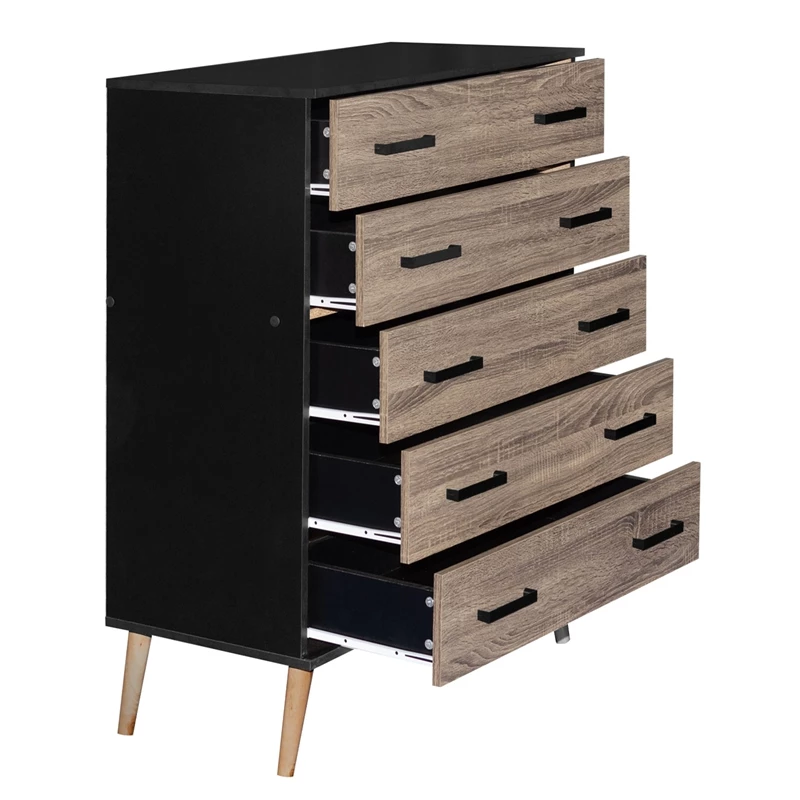 Cheapest 🎉 Better Home Products Eli Mid-Century Modern 5 Drawer Chest In Black & Sonoma Oak 🔔 - Image 3