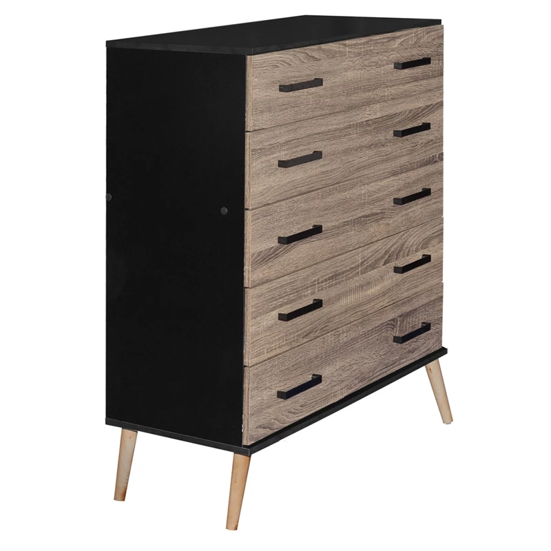 Cheapest 🎉 Better Home Products Eli Mid-Century Modern 5 Drawer Chest In Black & Sonoma Oak 🔔 - Image 4