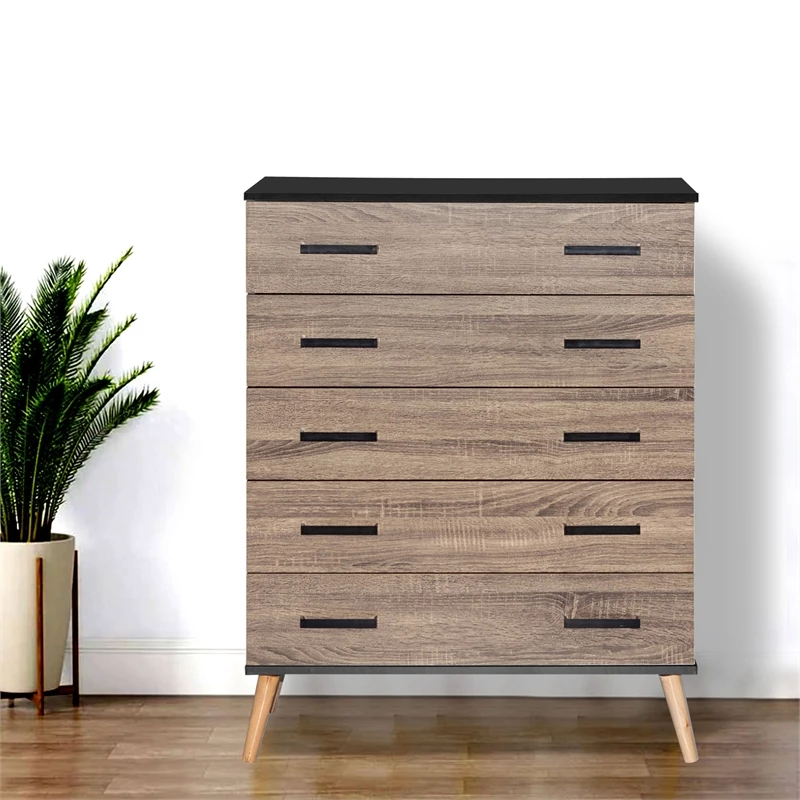 Cheapest 🎉 Better Home Products Eli Mid-Century Modern 5 Drawer Chest In Black & Sonoma Oak 🔔 - Image 5