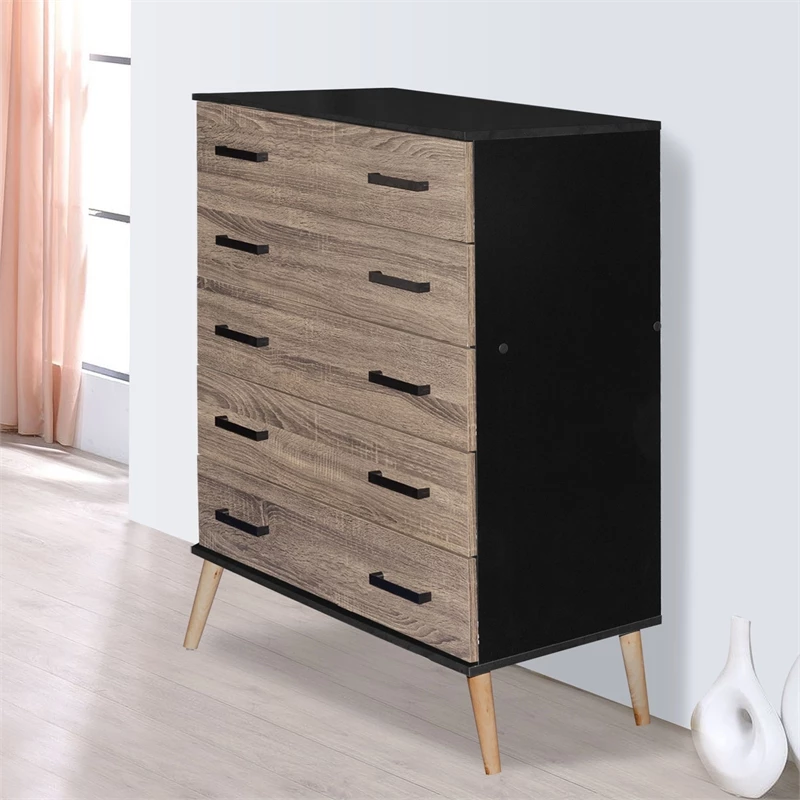 Cheapest 🎉 Better Home Products Eli Mid-Century Modern 5 Drawer Chest In Black & Sonoma Oak 🔔 - Image 6