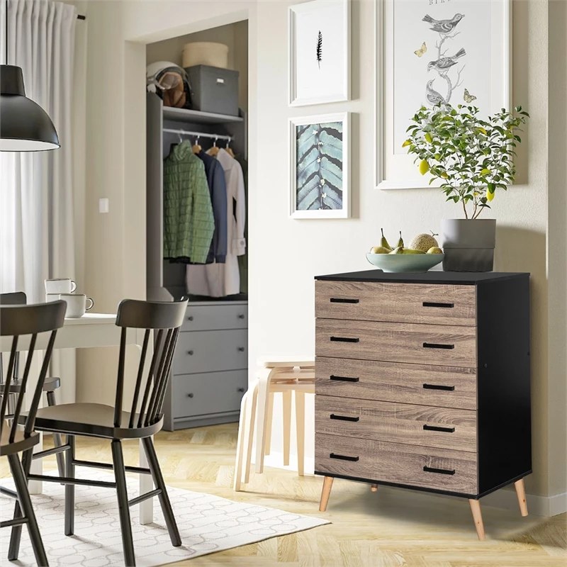 Cheapest 🎉 Better Home Products Eli Mid-Century Modern 5 Drawer Chest In Black & Sonoma Oak 🔔 - Image 7