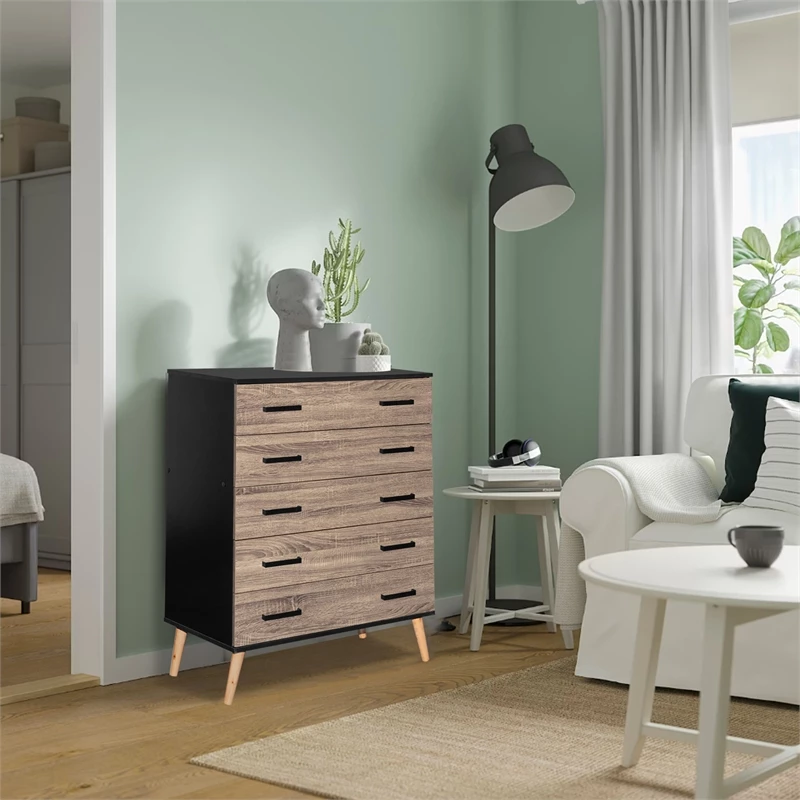 Cheapest 🎉 Better Home Products Eli Mid-Century Modern 5 Drawer Chest In Black & Sonoma Oak 🔔 - Image 8