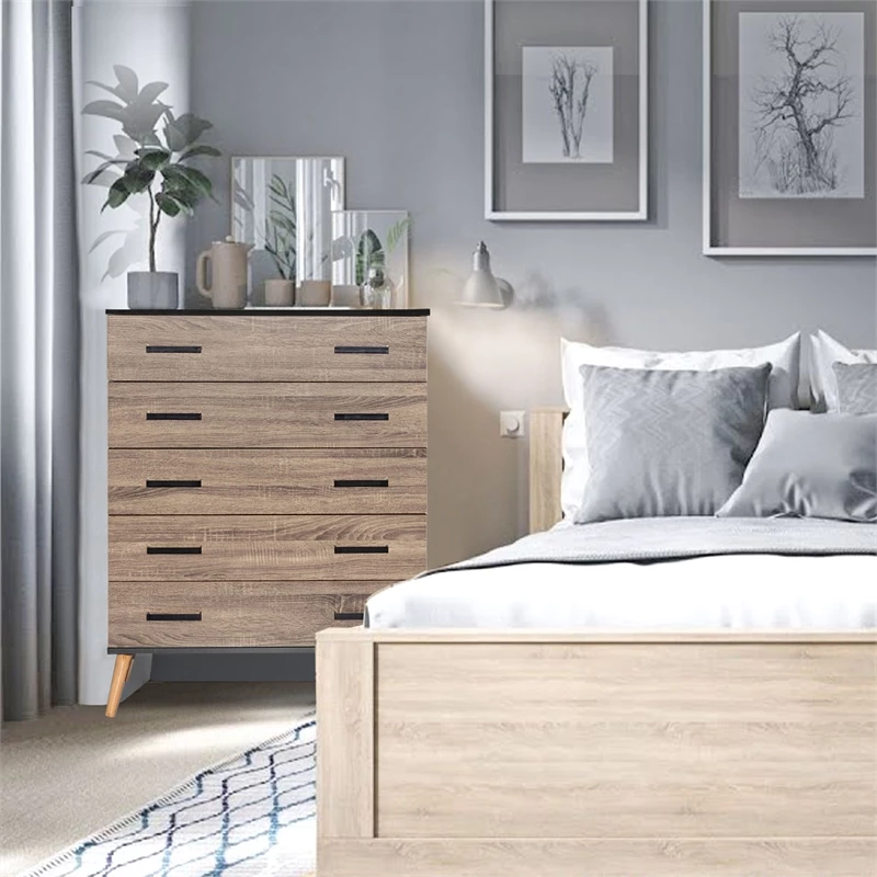 Cheapest 🎉 Better Home Products Eli Mid-Century Modern 5 Drawer Chest In Black & Sonoma Oak 🔔 - Image 9