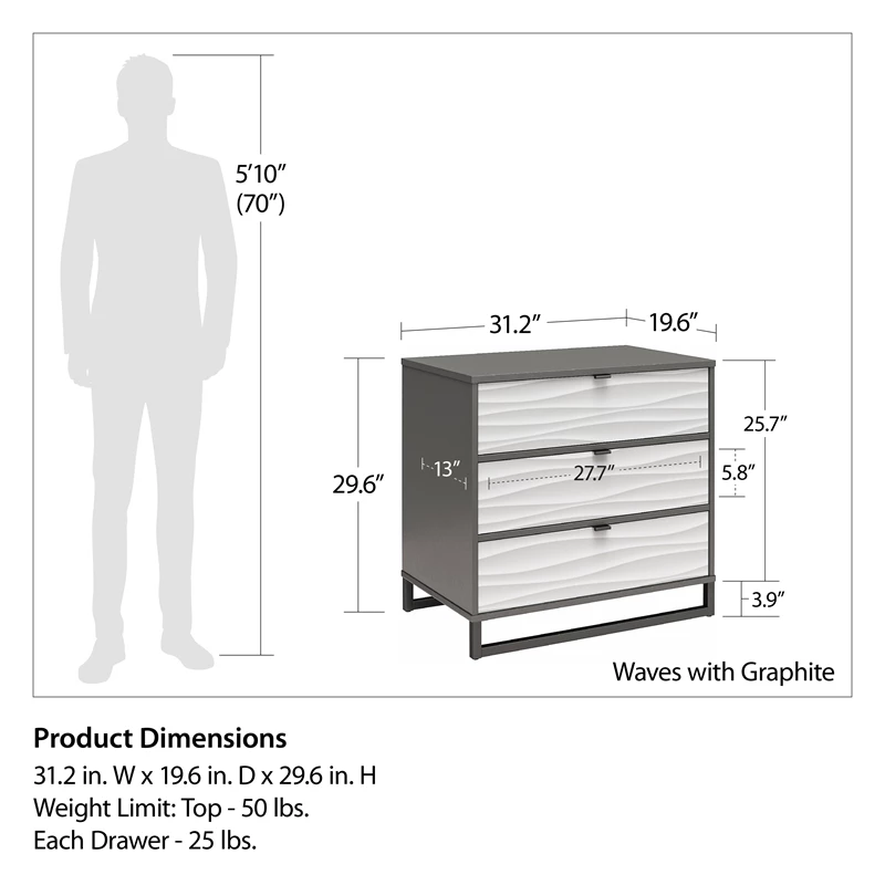 Buy 🌟 Ameriwood Home Monterey 3 Drawer 👗 Dresser In Waves With Graphite 😉 - Image 2