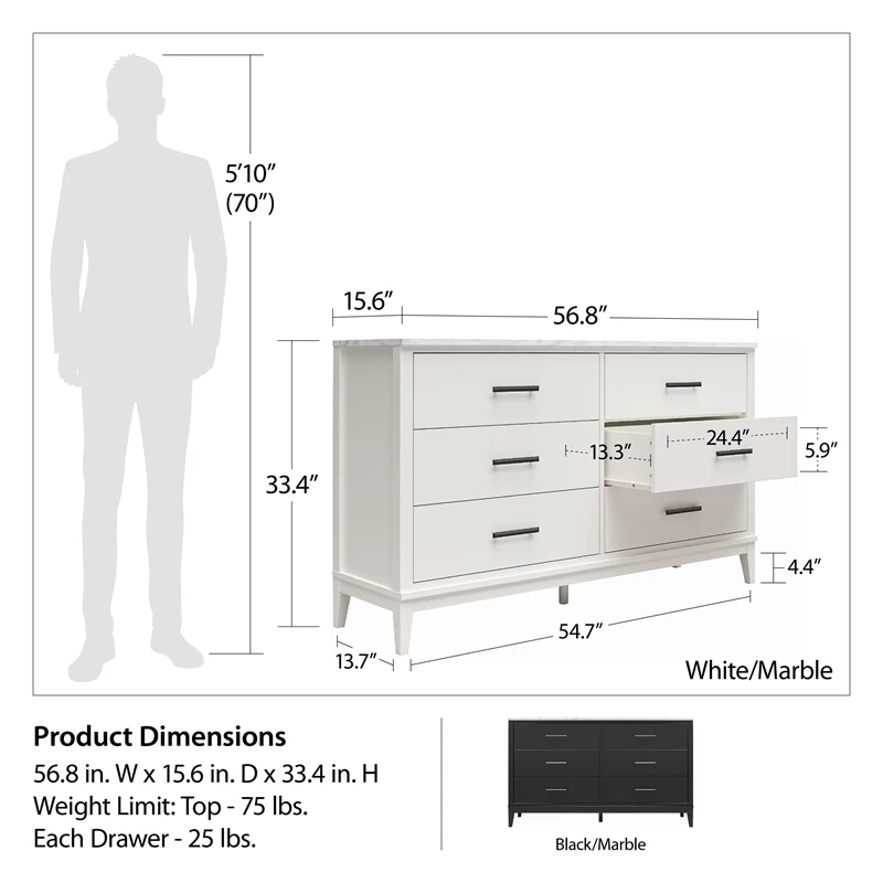 New ๐ Ameriwood Home Lynnhaven Wide 6 Drawer ๐ Dresser In Black W/ White Marble Top ๐คฉ - Image 2