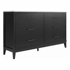 New 🛒 Ameriwood Home Lynnhaven Wide 6 Drawer 👗 Dresser In Black W/ White Marble Top 🤩